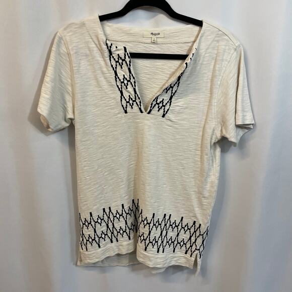 Madewell Boxstitch Slub Embroidered Cream Short Sleeve Split Neck Tunic Small - Picture 2 of 6